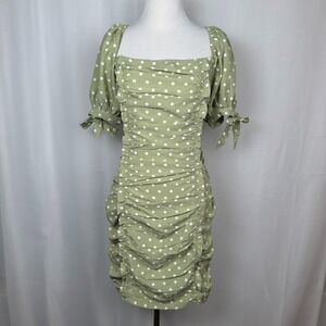 Puff Sleeve Ruffle Coquette Dress Large Polka Dot Cottage Ruching Green Retro
